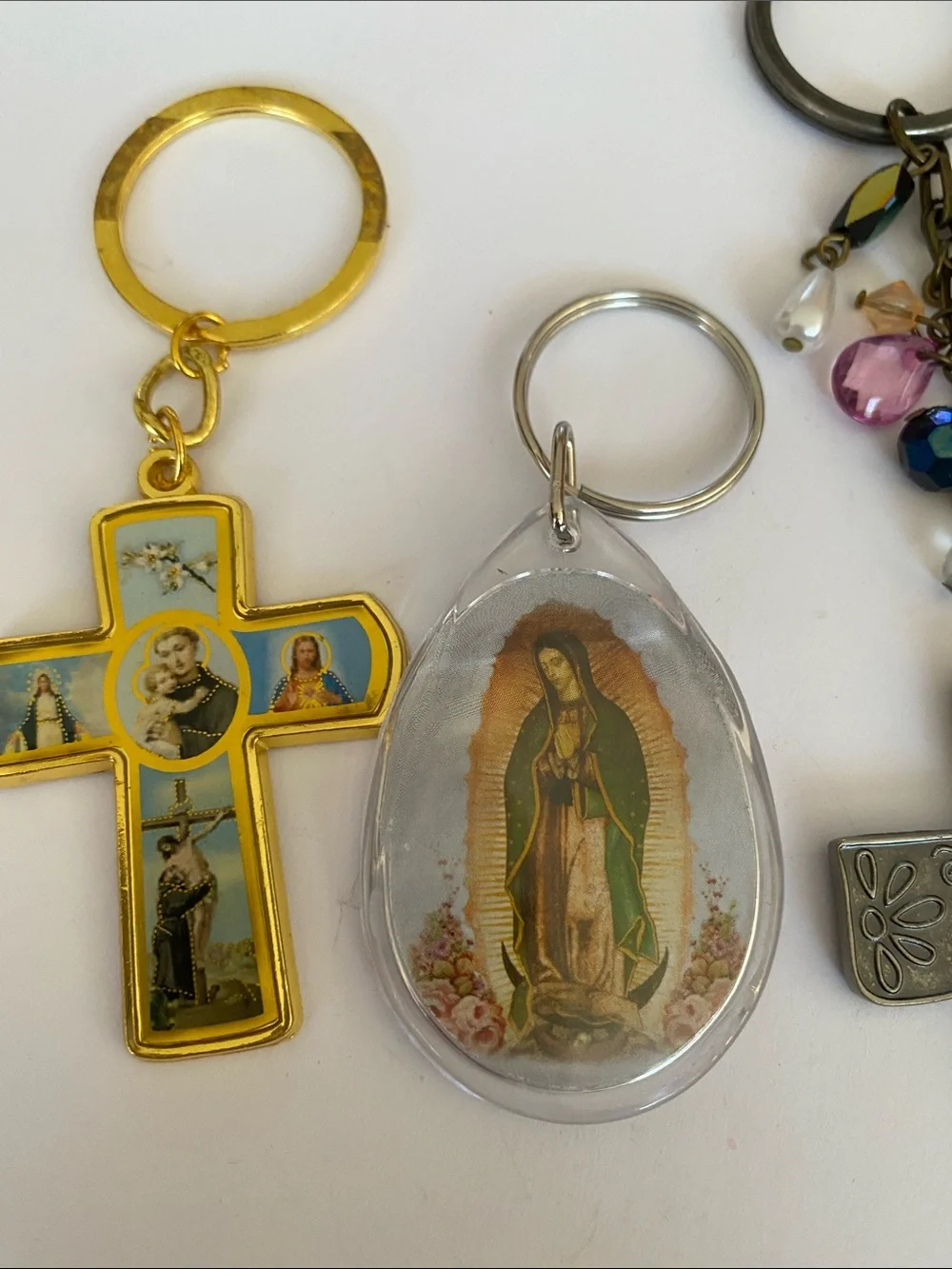 Religious Keychain Trio - Gold, Clear, Antique Silver